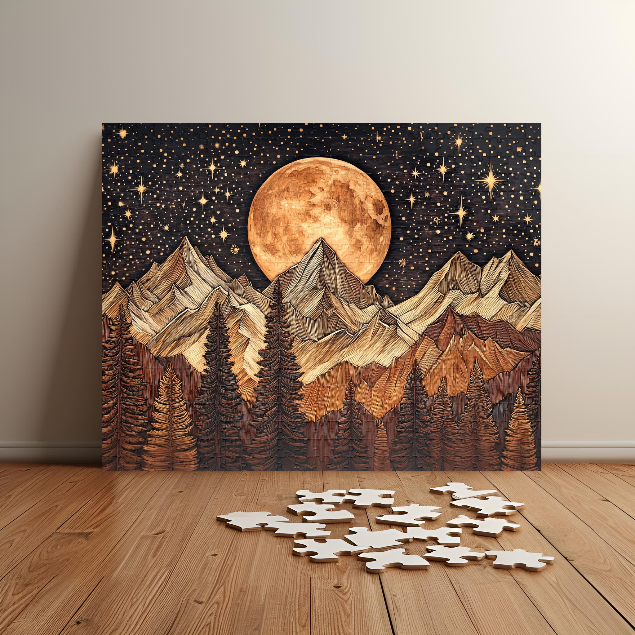 Puzzle di montagna e alberi - Puzzle di luna e pini con effetto legno rustico - Puzzle in stile pannello di legno (110, 252, 520, 1014 pezzi)