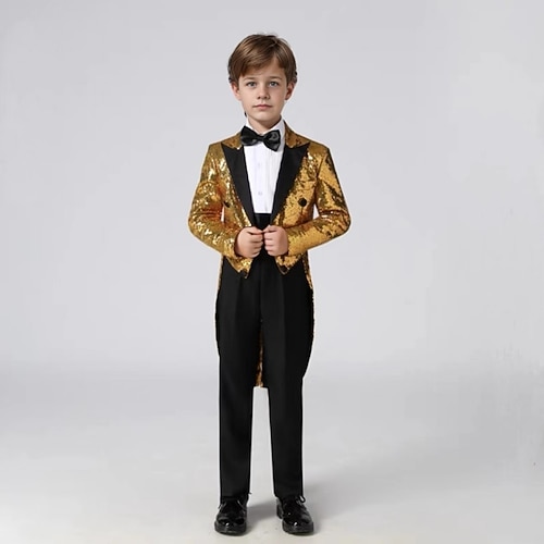 3-teiliger Ringträgeranzug, Jungen-Kinderanzug, Blazer Hose Krawatte, Jungenanzug, lässig, für Outdoor-Partys, modisch, cool, Basic, einfarbig, blau, silber, schwarz, Polyester Image