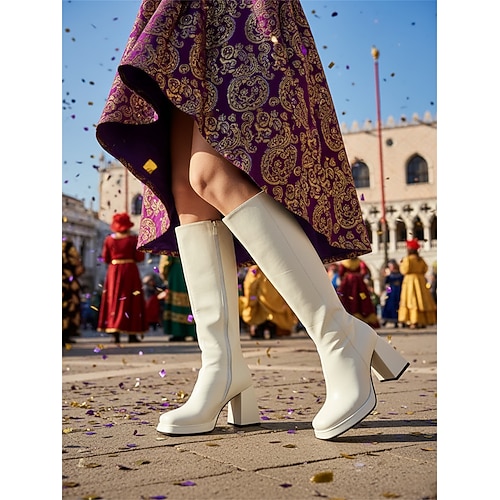 Damen Mardi Gras goldene metallic Kniehohe Stiefel mit klobigem Blockabsatz – auffällige Schuhe für Karneval Festivals und Kostümpartys Image