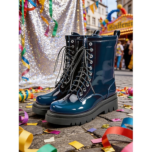 Damen Mardi Gras Blaue Lackleder Kampfstiefel mit Chunky Sohle und Schnürdesign – Kühnes Schuhwerk für Karneval Festivals und legere Ausflüge Image