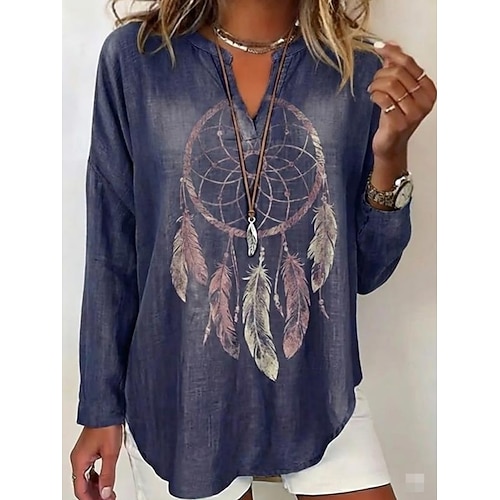 Damen Hemd Tunika Druck Grafik Feder Bohemien Vintage Täglich Langarm V Ausschnitt Normale Oberteile Täglich Ferien Marineblau Sommer Frühling Image