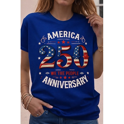 Unabhängigkeitstag Amerikanisches 250. Jubiläums Patriotic Damen T-Shirt Grafik Flagge Vintage Stilvoll Klassisch Kurzarm Rundhals Täglich Wochenende Druck Weiß Sommer Frühling Herbst Image