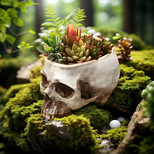 gotischer Totenkopf-Pflanztopf, dekorativer Blumentopf aus Kunstharz für Sukkulenten und Kakteen Zimmer-/Gartenpflanzen, einzigartige Halloween-Dekorationen Wohndekoration Image
