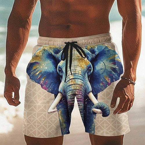 Herren Tiermotiv Elefant Optische Täuschung Badehosen Badeshorts Boardshorts Mittlere Taille Lustig Hawaiianisch Strandurlaub Seitentaschen Netzfutter Elastischer Kordelzug in der Taille Designer Image