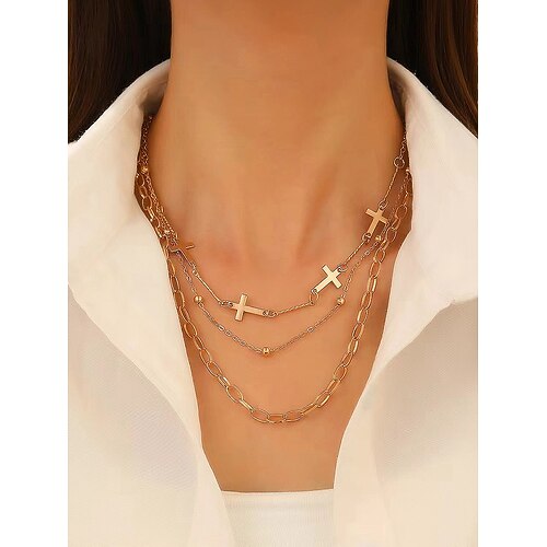 Weihnachtskreuz-Halskette für Damen, mehrlagige Goldkette mit Perlen- und Strassanhänger, eleganter Weihnachtsschmuck für Partys, Hochzeiten und zum Verschenken Image