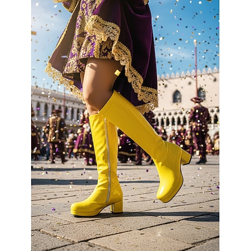 Damenschuhe Mardi Gras Lila Hochglanz-Plateau-Stiefel mit Blockabsatz – Perfekt für Karneval Festivalbekleidung Kostümpartys und auffällige Modeaussagen Image