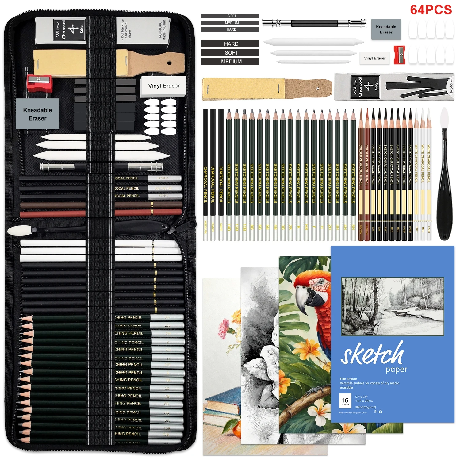 14/33/46/54/64/75 Packung Skizzier- und Zeichenstift-Set, Skizzenstifte, Künstlerbedarf mit farbigen Kohlestiften, Graphit, Anthrazit Image