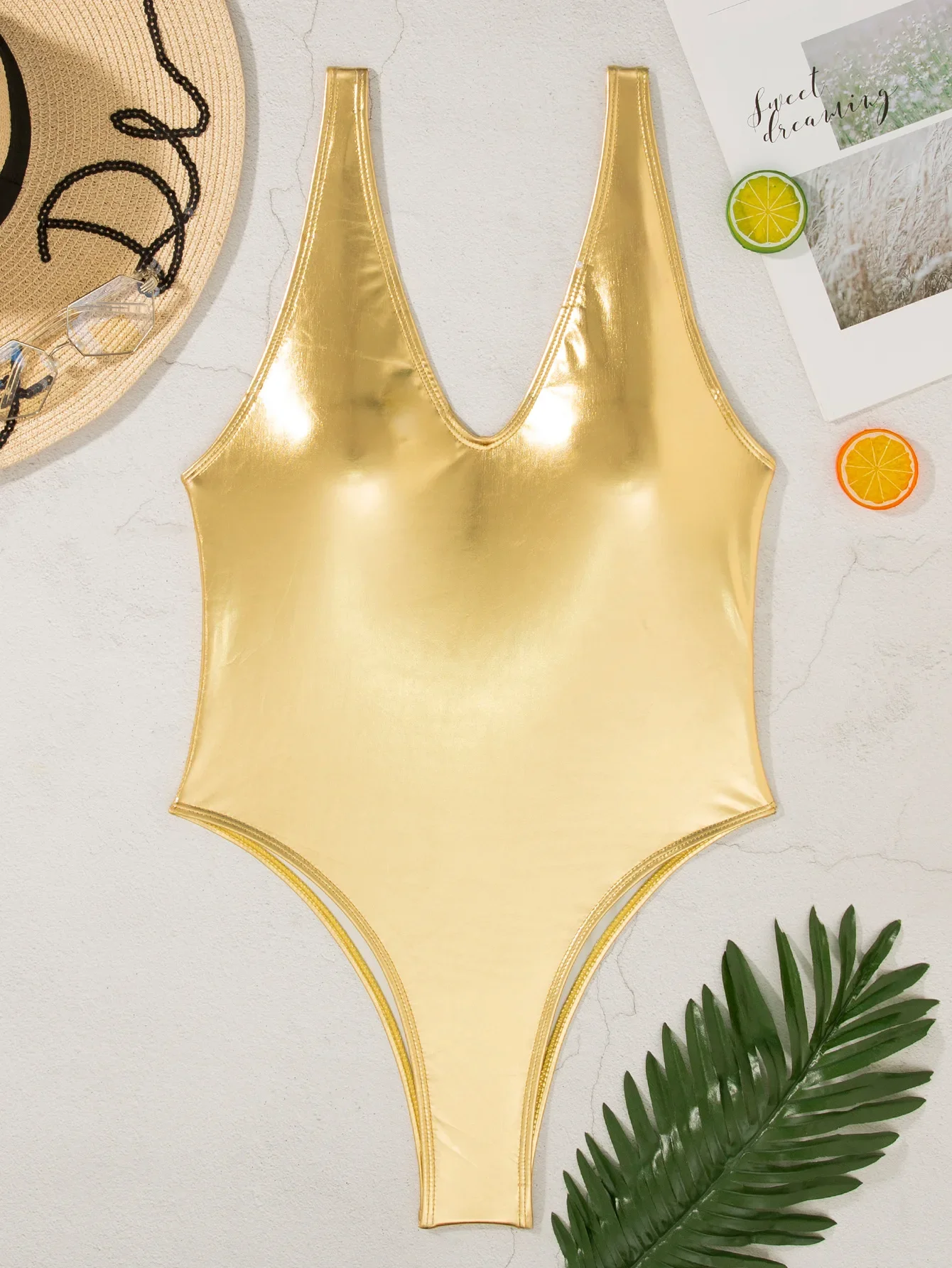 Sexy Badeanzug in Metallic-Gold und Silber, einteilig, tiefer V-Ausschnitt, Bikinis, Bademode, Badeanzüge, Strand-Outfits, Bodysuit, Biquini, Tankini