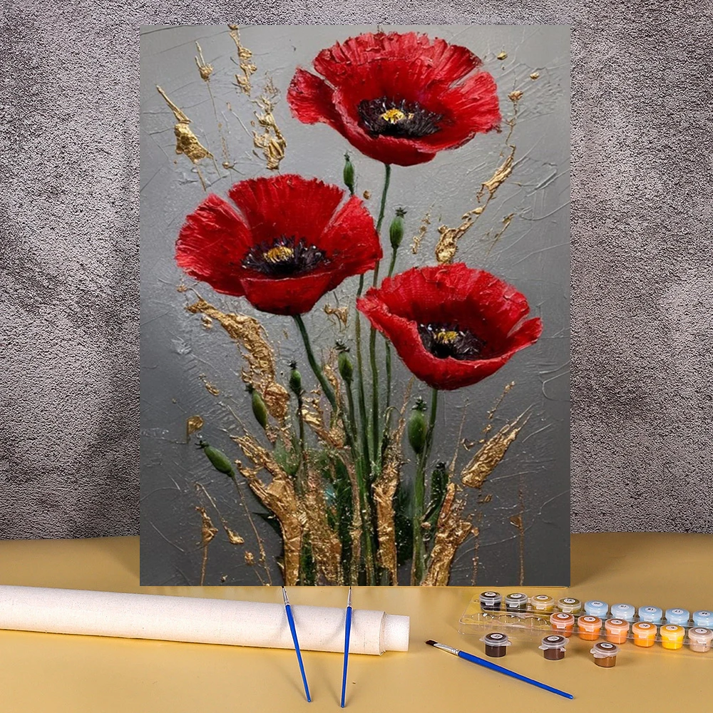 Malen nach Zahlen, Mohnblumen, modernes DIY, rahmenloses handgemaltes Leinwand, Malen nach Zahlen, Blumenbild für Heimdekoration Image