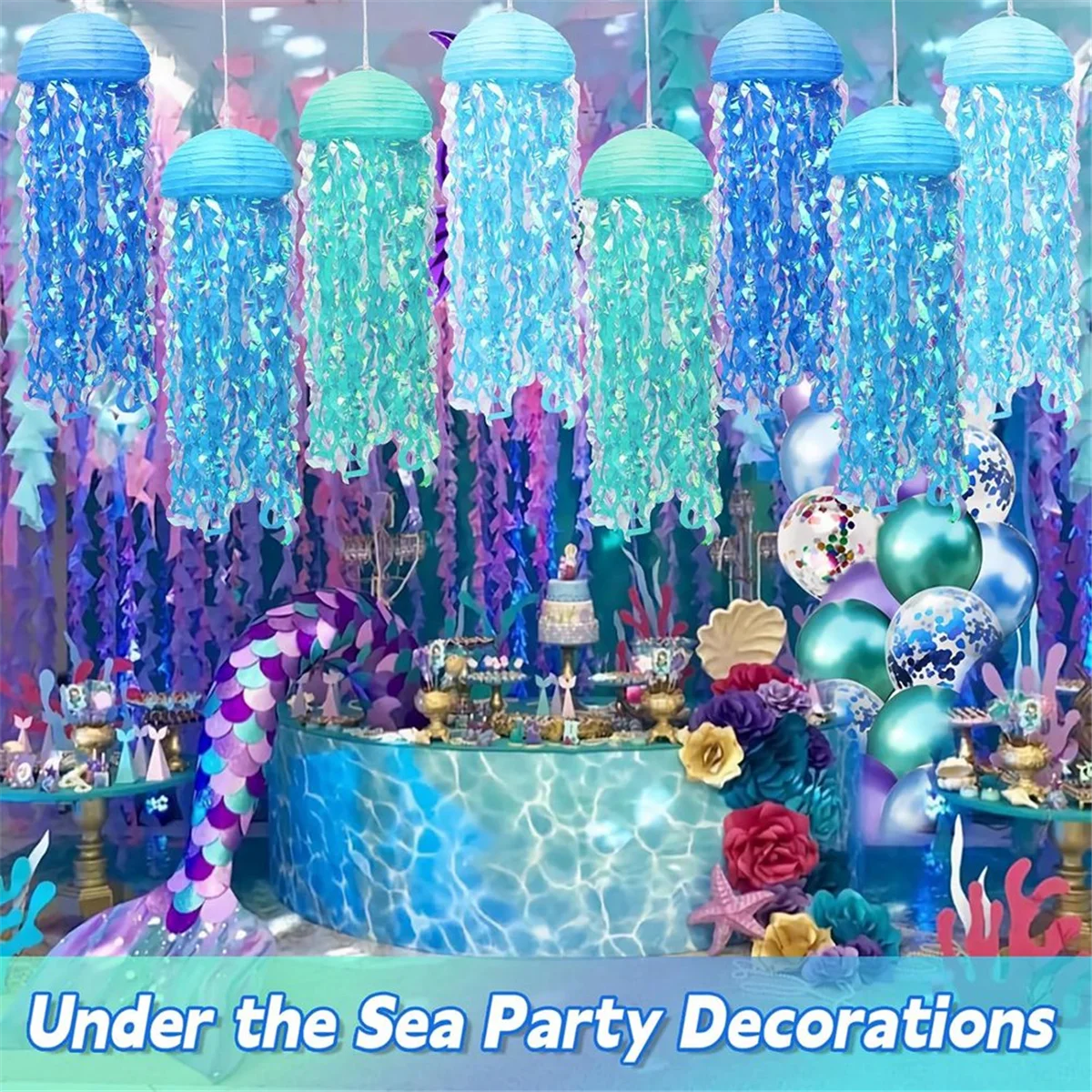 A75K Papierlaternen-Set, 8-teilig, Quallen-Dekorationen für Partys unter dem Meer, Dekorationszubehör, Quallenlaternen, blau Image