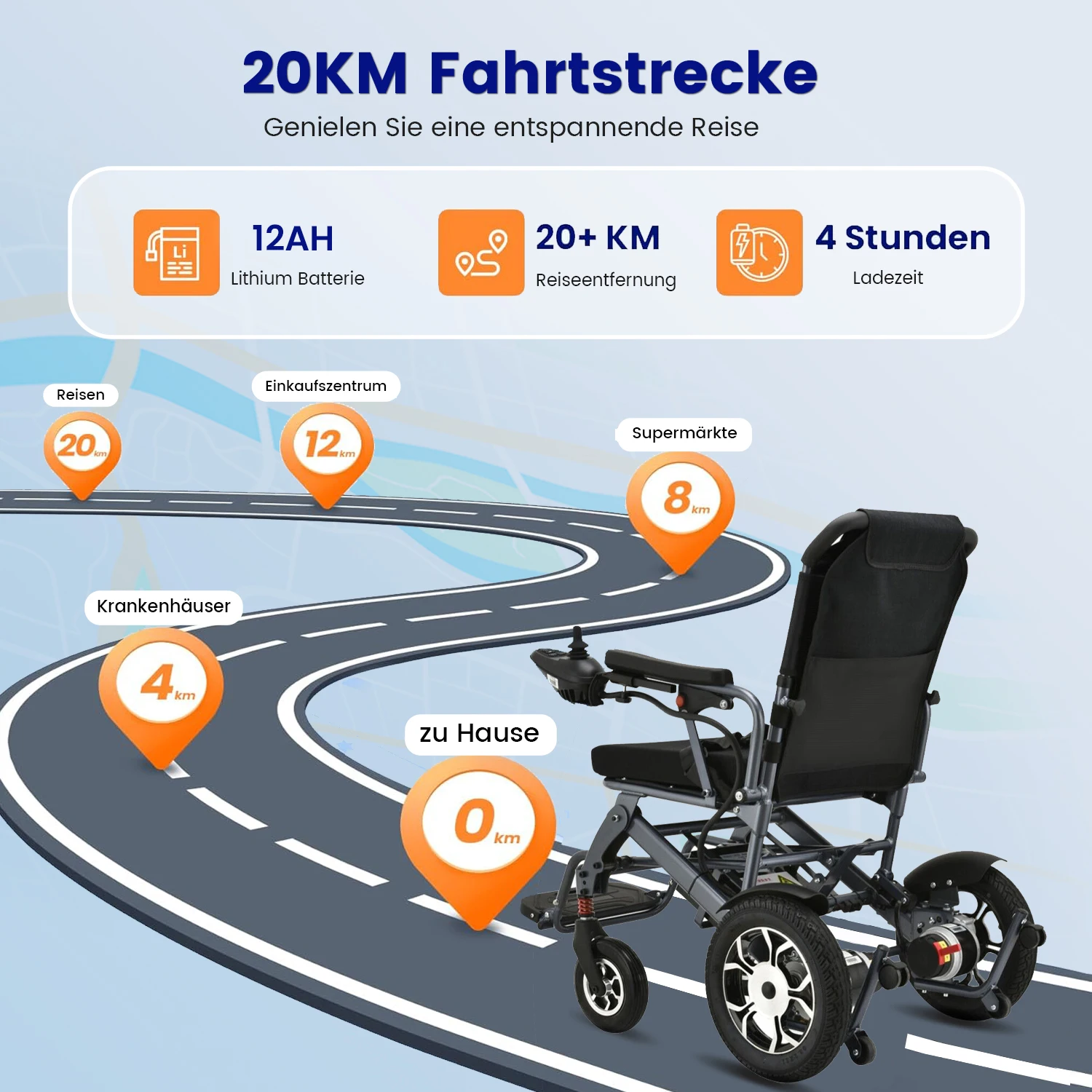 Wisging Klappbarer Elektrorollstuhl 500 W, 12Ah, Leichter Tragbarer Elektrorollstuhl, Versandkostenfrei, für Flugreisen Geeignet