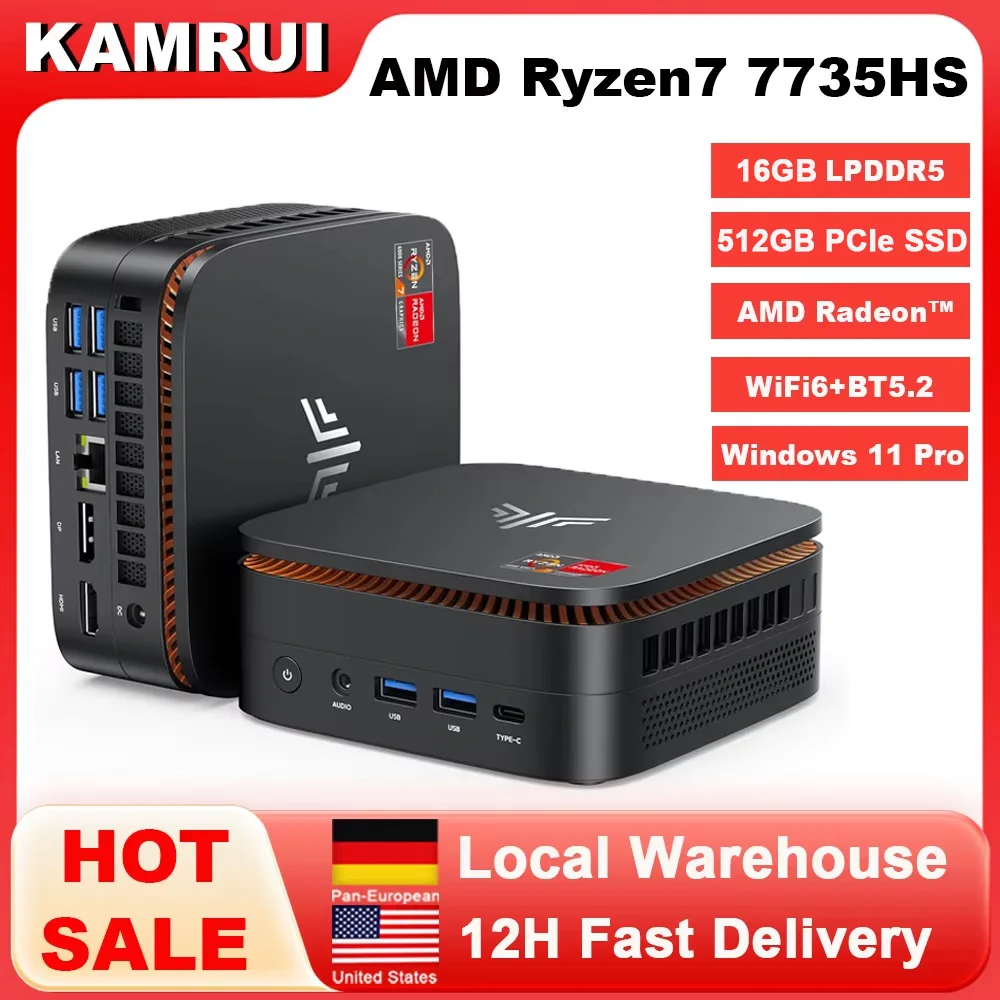 Mini PC KAMRUI R7 7735HS 16 Go LPDDR5 512 Go SSD PCIe3.0 Triple écran 4K WiFi6 BT5.2 LAN 2.5 Gbps Win11Pro pour jeux légers et bureau