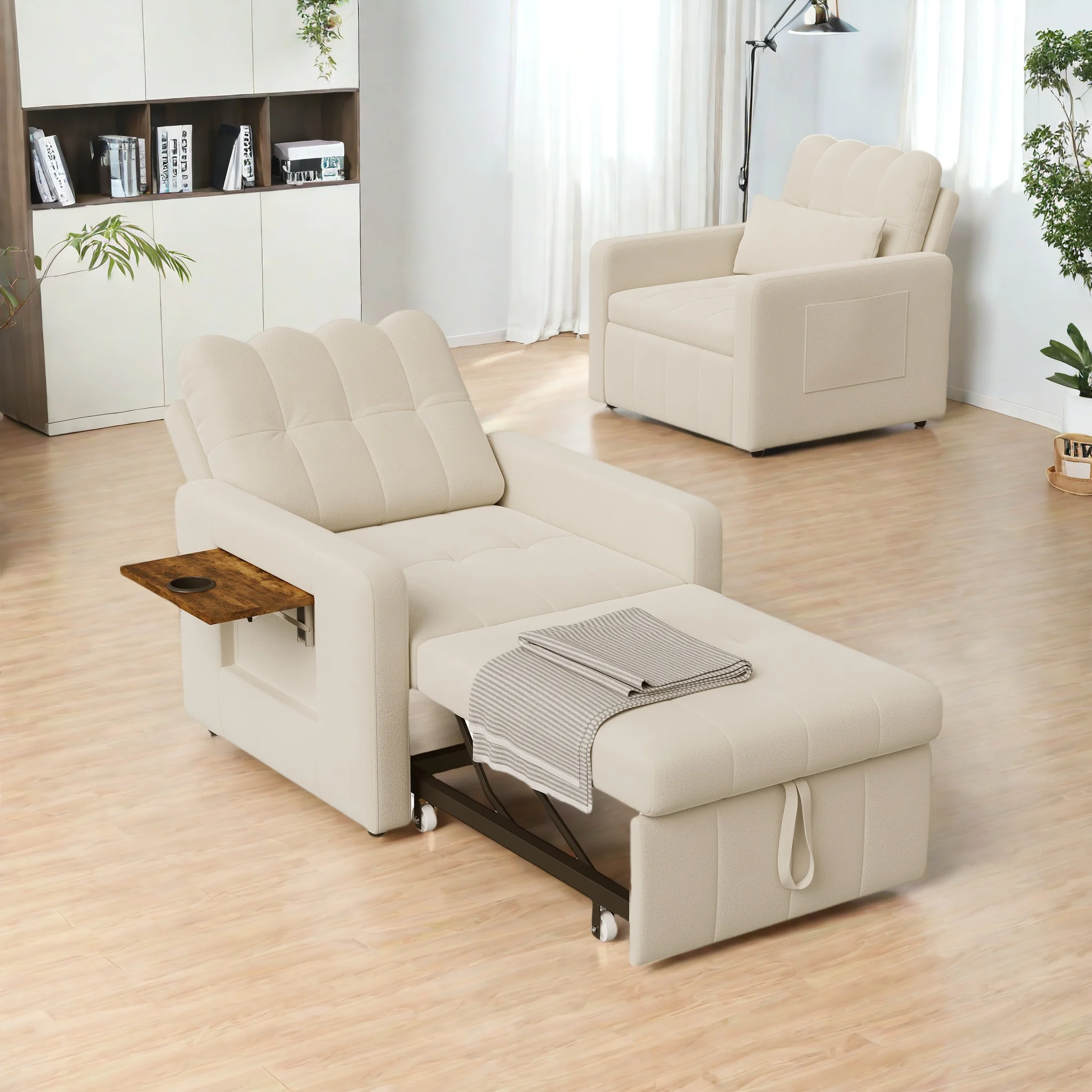 Rosahqnda 3-in-1 ausziehbares Einzelsofa, mit Klapptisch und Seitentaschen, Sofa-Liegestuhl, ausziehbares Schlafsofa, Chenille Image