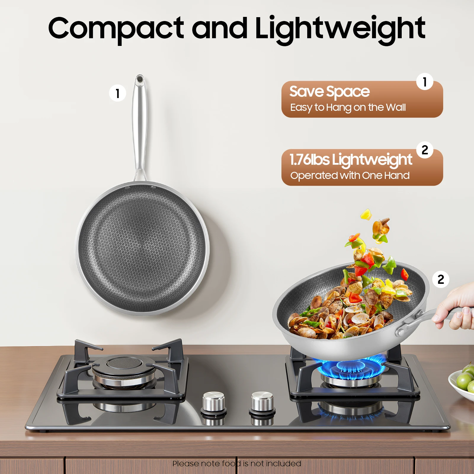 Professionelle Bratpfanne, 28 cm, 410 Edelstahl, Induktionsboden, Gaskochfeld, gleichmäßige Heizung, leicht zu reinigende, leichte Antihaft-Pfanne für Zuhause Image