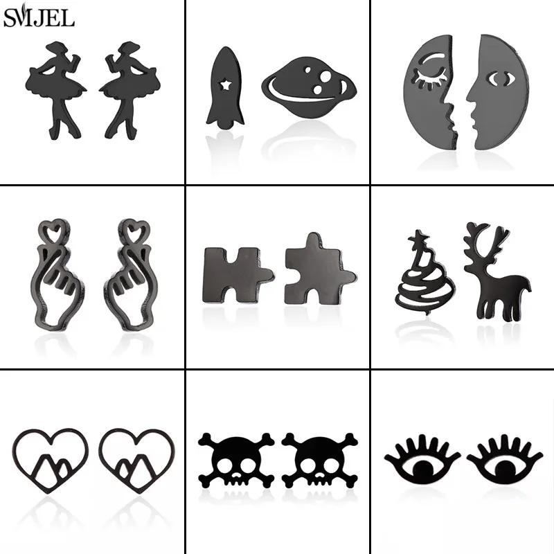 Punk Schädel Edelstahl Ohrstecker Schwarz für Frauen Niedliche Ballett Puzzle Augen Ohrring Hip Hop Piercing Ohr Schmuck Zubehör