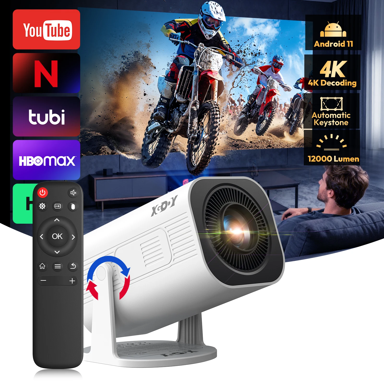 XGODY 4K-Projektor Android Mini Beamer 12000 Lumen Allwinner H713 Dual WIFI6 BT5.4 1280 * 720P Heimkino Outdoor tragbar Image