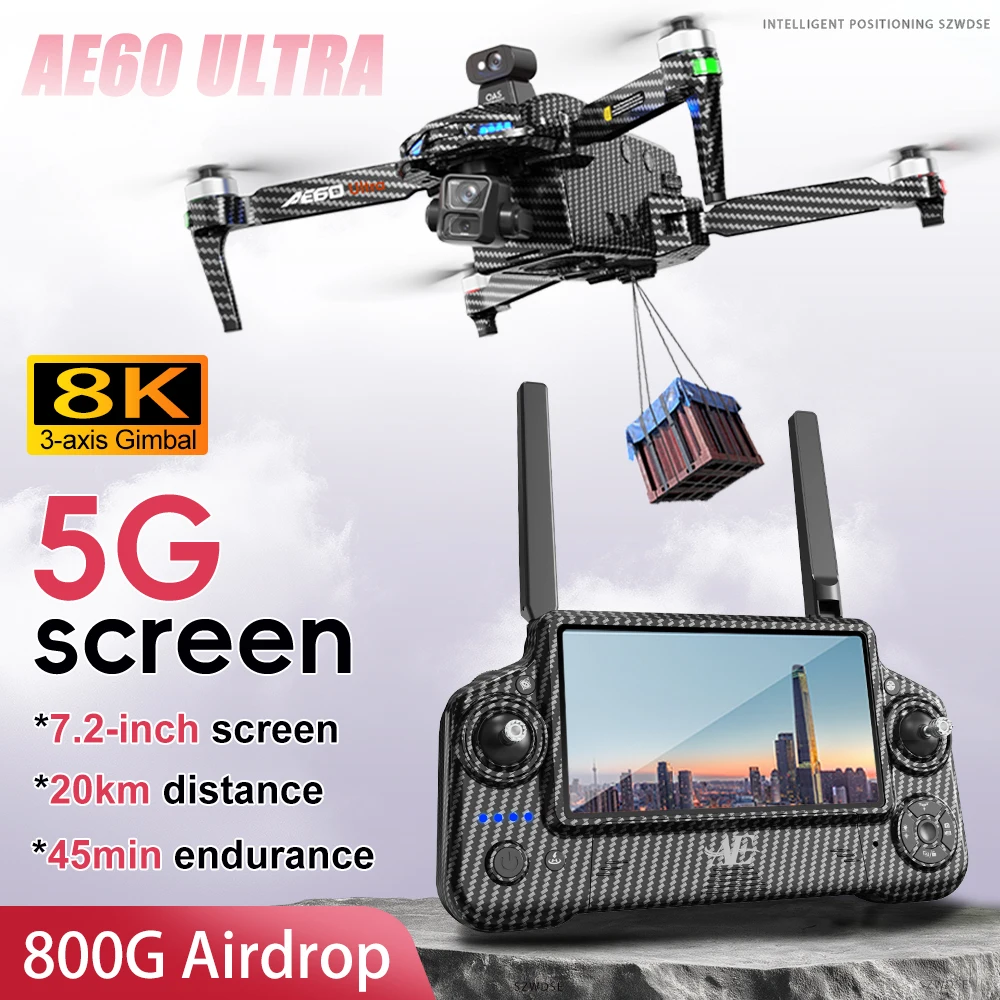 AE60 GPS-Drohne, 8K, professionelle Dual-Kamera, 3-Achsen-Gimbal, bürstenlose Hindernisvermeidung, großer Bildschirm, 5G, 20 km, 800 G, Airdrop, FPV-Drone