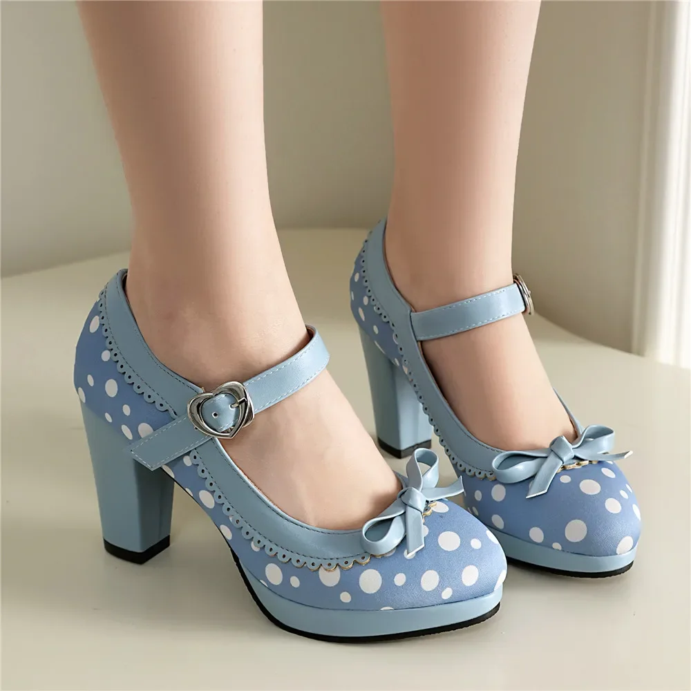 2025 neue Polka Dot Lolita Schuhe Frauen süße Schleife Pumps süße runde Zehen High Heels Retro Vintage Frauen Mary Janes Schuh Gelb Blau