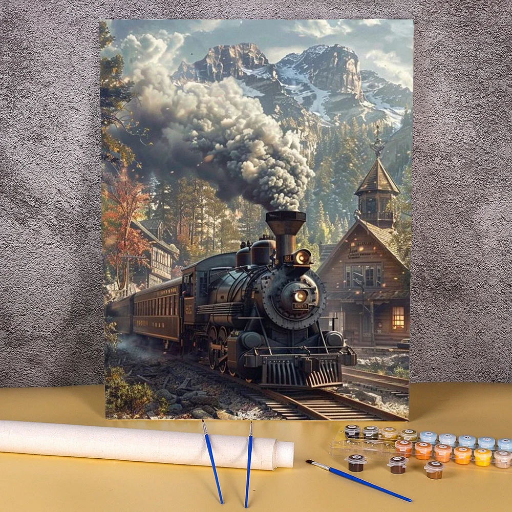 Malen von Farben nach Zahlen für Erwachsene, Dampfzug, Bild, Farbmarker, Wandkunst, Landschaft, Zahlen, Zeichnung, Heimdekoration, Schlafzimmer Image