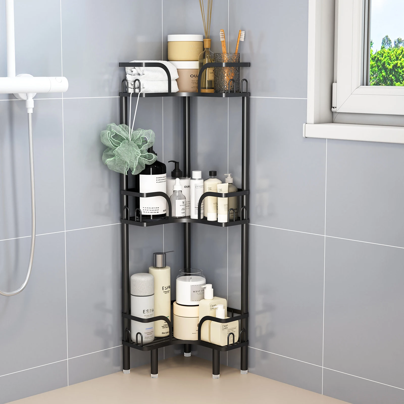 Étagère d'angle de salle de bain multi-niveaux, support de rangement autoportant pour accessoires de bain, grande étagère de douche au sol avec espaces larges pour la salle de bain