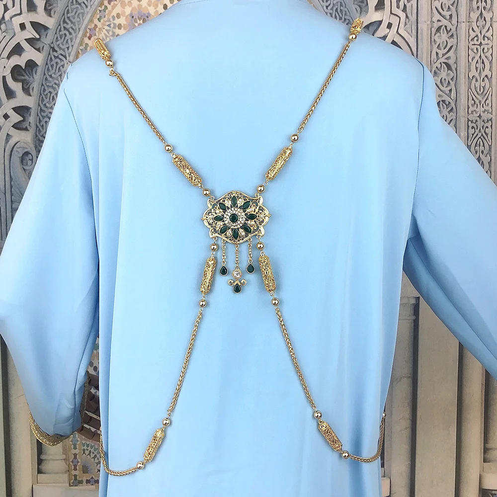Sun spicems Chic Marokko Schmuck Braut Schulter kette für Frauen Gold Farbe Arabisch Kaftan Abaya Brust dekoration Hosenträger Körper kette Image