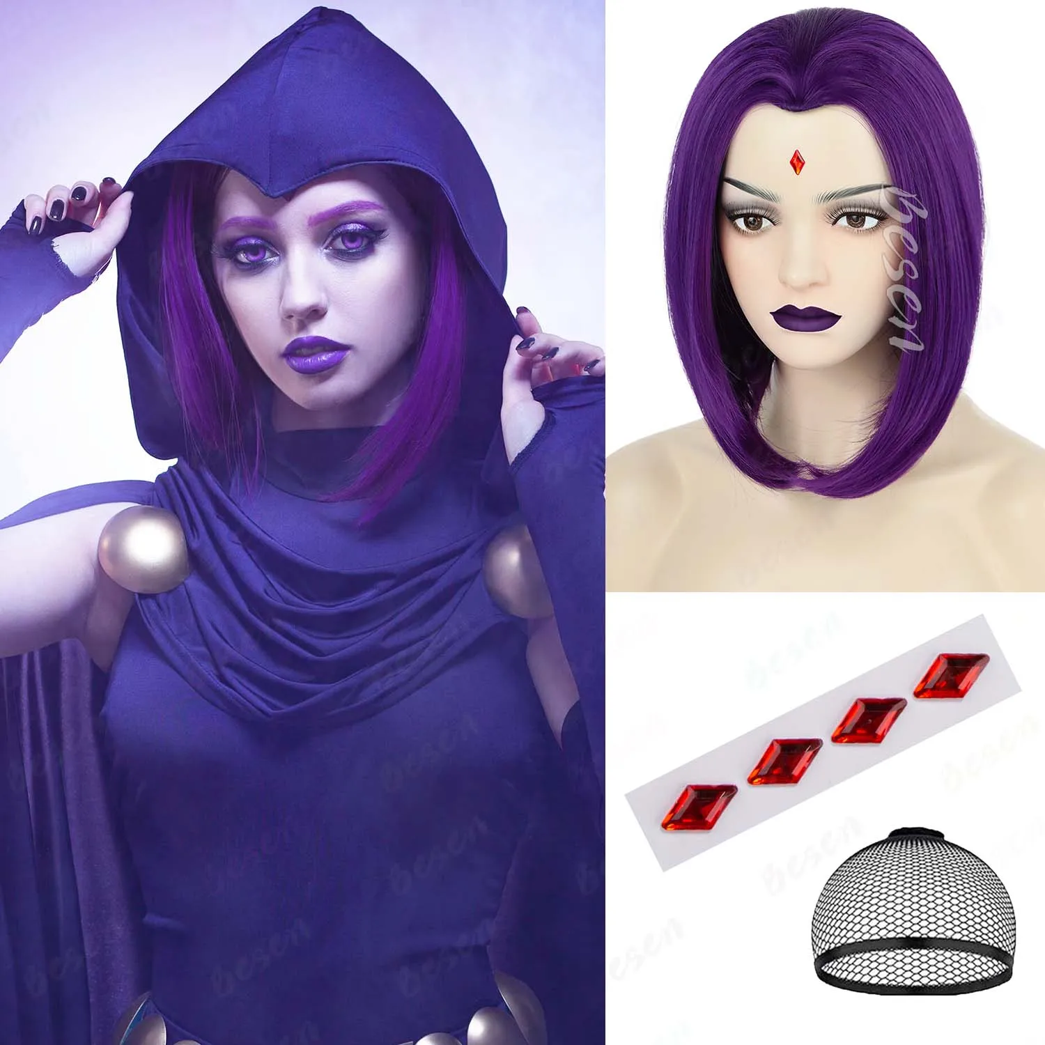 Synthetische lila Bob-Perücke mit Rubin-Aufkleber für Damen, gerade Bob-Perücke, Rabe, Cosplay, Anime-Perücken für Kostümpartys, Halloween