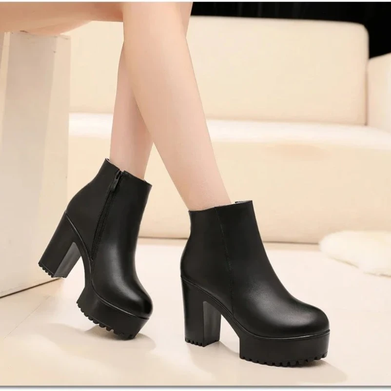 2025, modisch, lässig, Reißverschluss, spitze Zehen, weiches Leder, Damenschuhe, quadratischer Absatz, Stiefeletten, schwarze Motorradstiefel, Schuhe