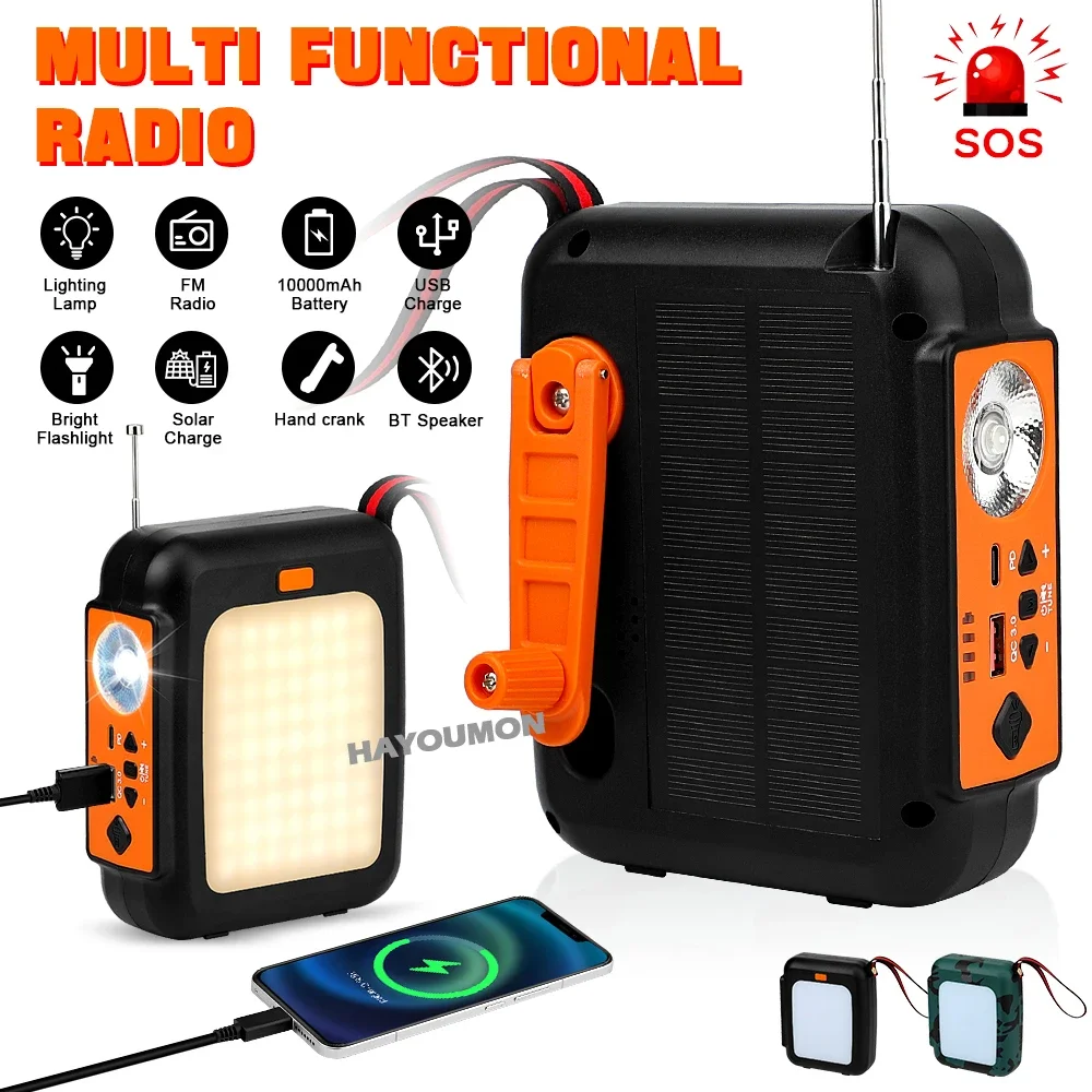 10000 mAh Notfall-Handkurbelradio FM-Wetteralarmradio 3-Wege-betriebenes Handkurbel-Solarradio BT-Lautsprecher LED-Taschenlampe Image