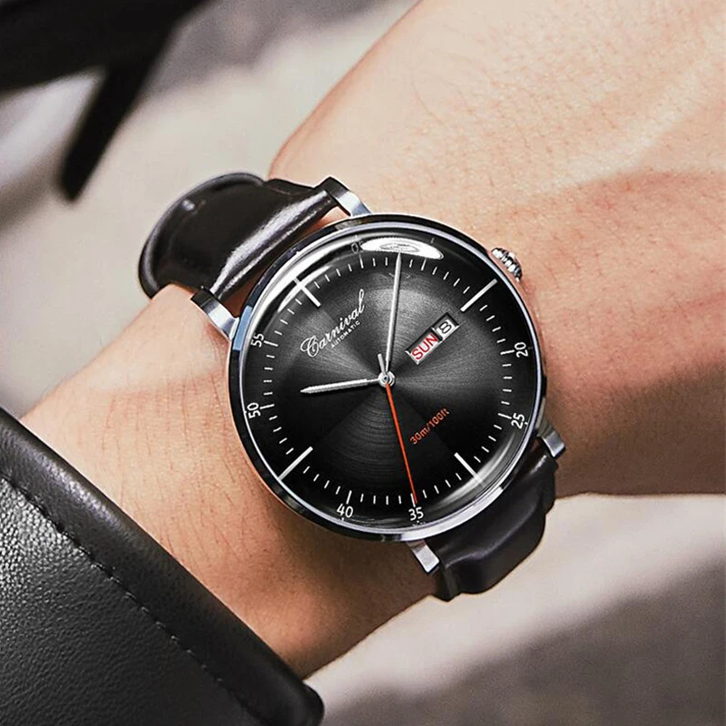 Karneval Top Marke Luxus Automatische Uhr für Mann Mechanische Uhr Leder Saphir Wasserdichte Sport Armbanduhr Männlich Relogio Image