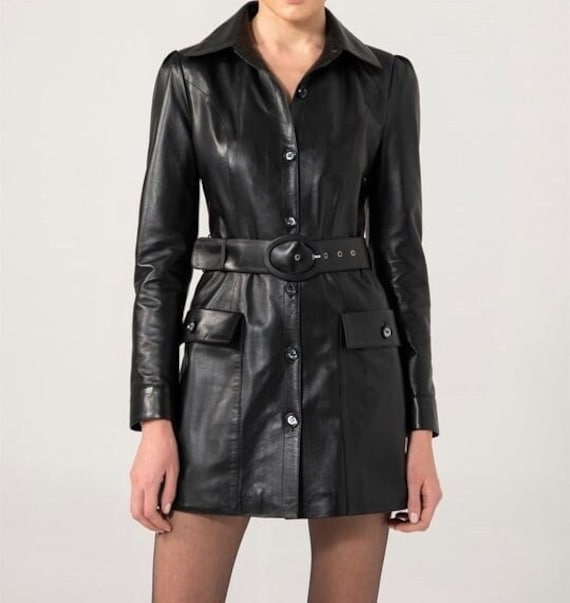 Abito in pelle fatto a mano, abito in pelle da donna, mini abito in pelle, mini abito in pelle a maniche lunghe, abito in pelle nero, abito a camicia