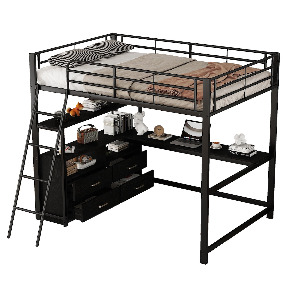 STILVORA Hochbett 140x200 cm aus Eisen mit elegantem L-förmigen Schreibtisch und praktischen Schubladen in Schwarz Image