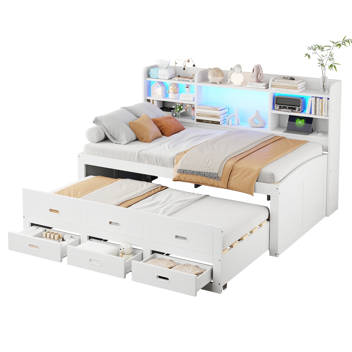 STILVORA Schlafsofa 90x200cm mit LED-Fernbedienung, 3 Schubladen, Nachttischablage, Multifunktionales Tagesbett in Weiß Image