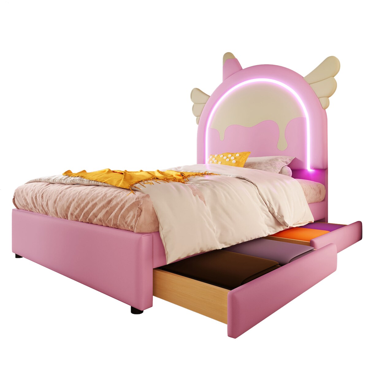OKWISH Polsterbett 90x200 mit 2 Schubladen, LED-Leuchtleiste, Einhorn-Design, Stauraum und fantasievolles Schlafzimmer, Rosa Image