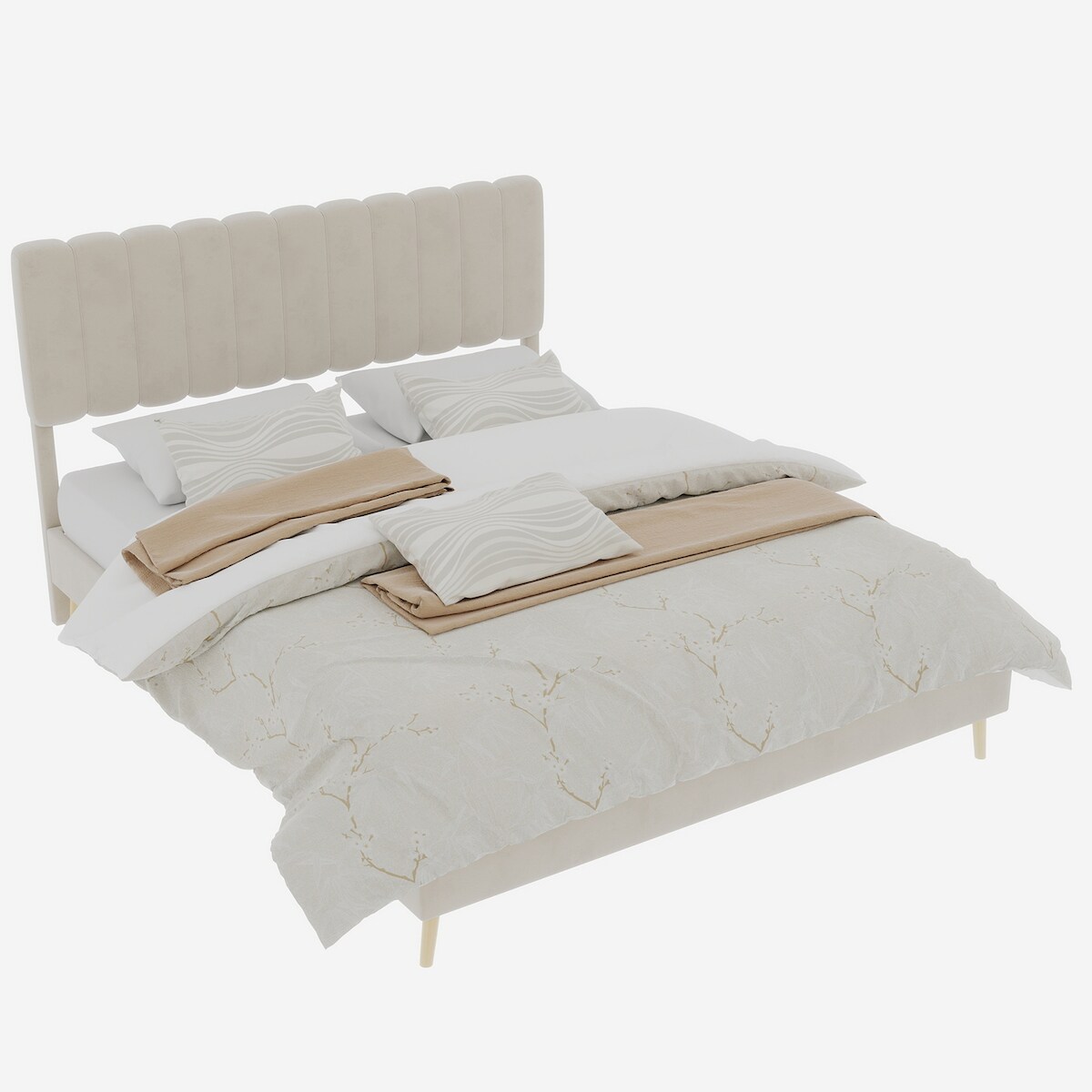 MODFU Modernes Minimalistisches Polsterbett 160x200 cm in Beige – Funktionelles Schlafzimmermöbel mit elegantem Design Image