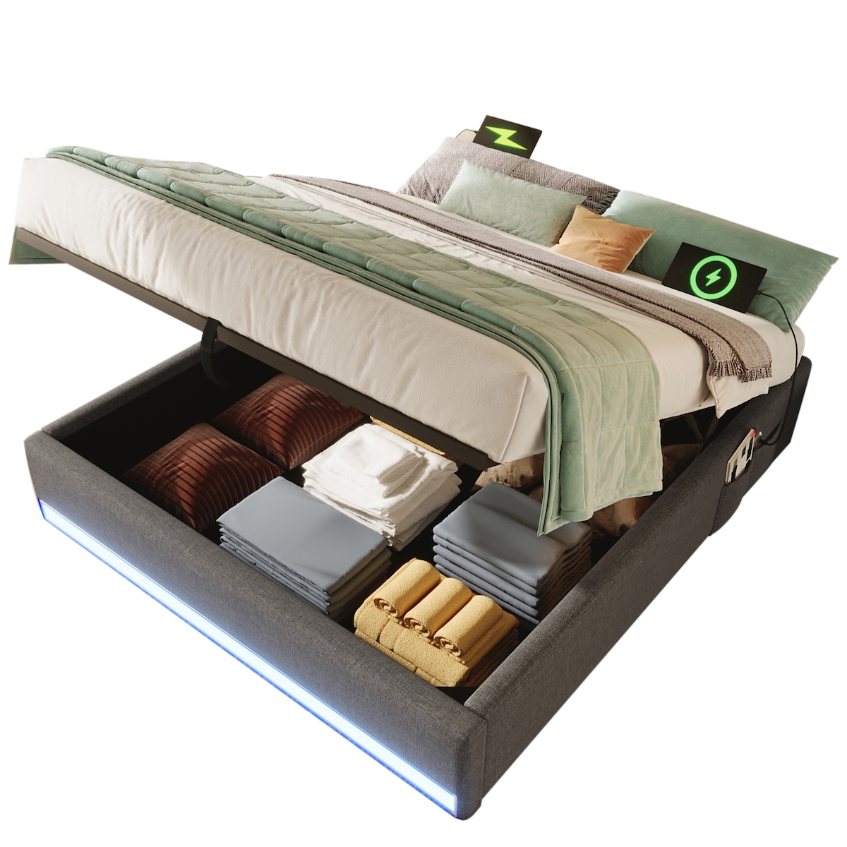 MODFU Polsterbett 140x200 cm mit LED-Leiste, USB und Typ-C-Anschlüssen, bei grauem Leinenbezug und hydraulischer Speicherfunktion Image