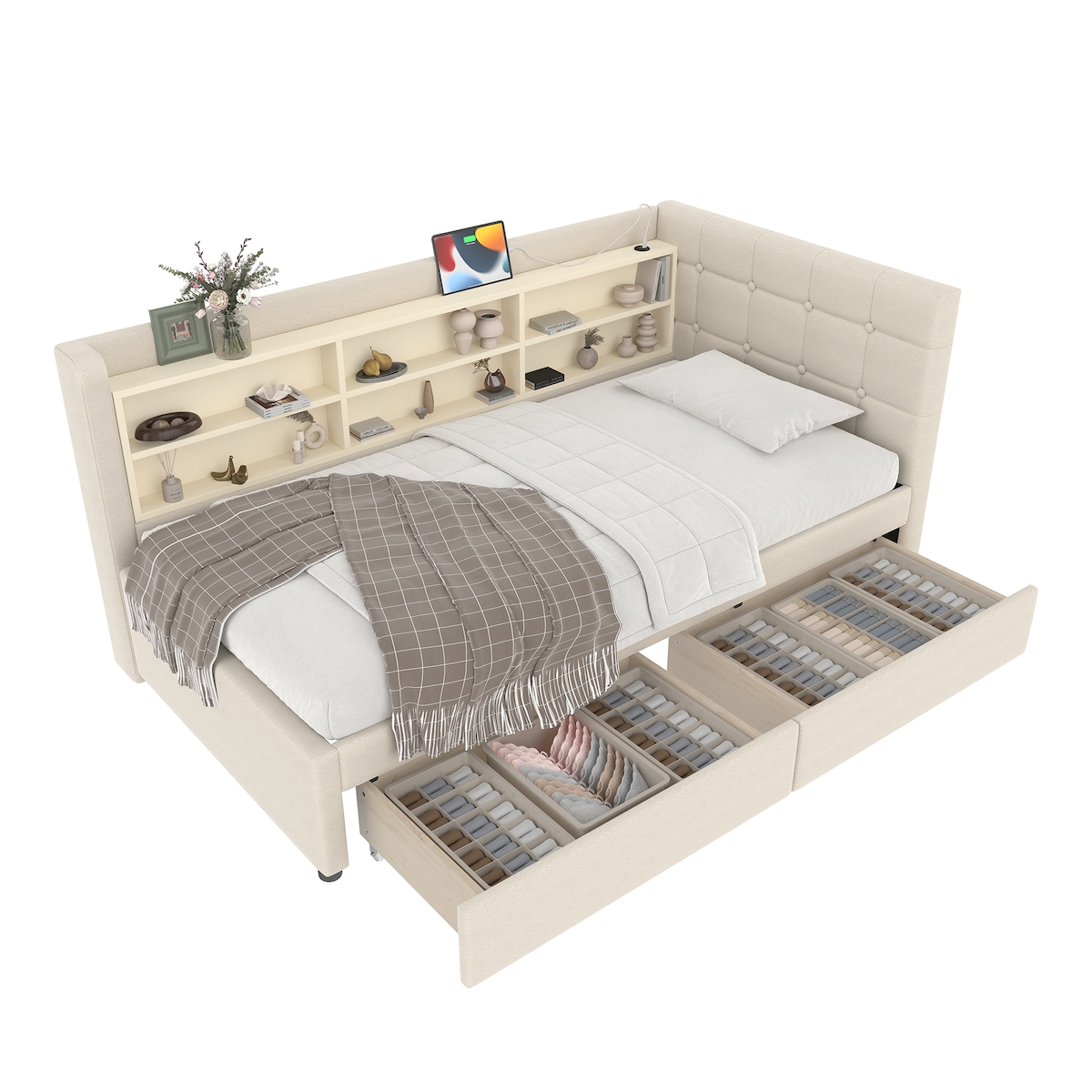 STILVORA Daybett 90x200 Leinen MDF mit 2 Schubladen USB Typ-C Ablagen Lattenrost Modern Schlafsofa Stauraumbett Komfort Beige Image