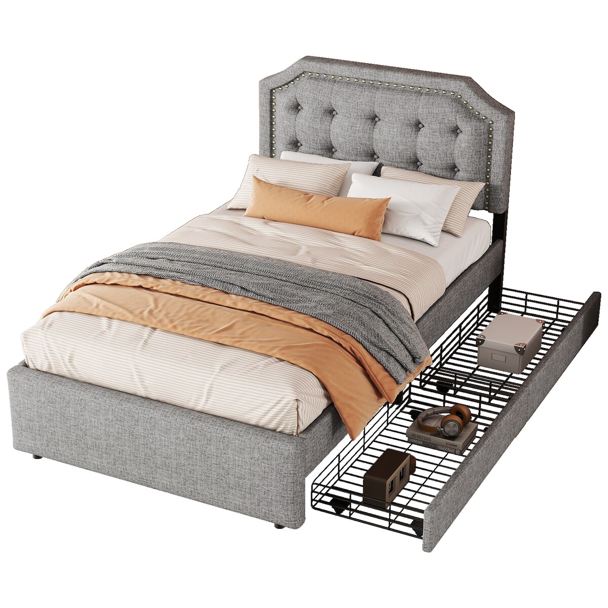 MODFU Gepolstertes Bett 90x200 cm Leinenstoff Grau 2 Schubladen Zierknöpfe Lattenrost Inklusive Modern Komfortabel Image