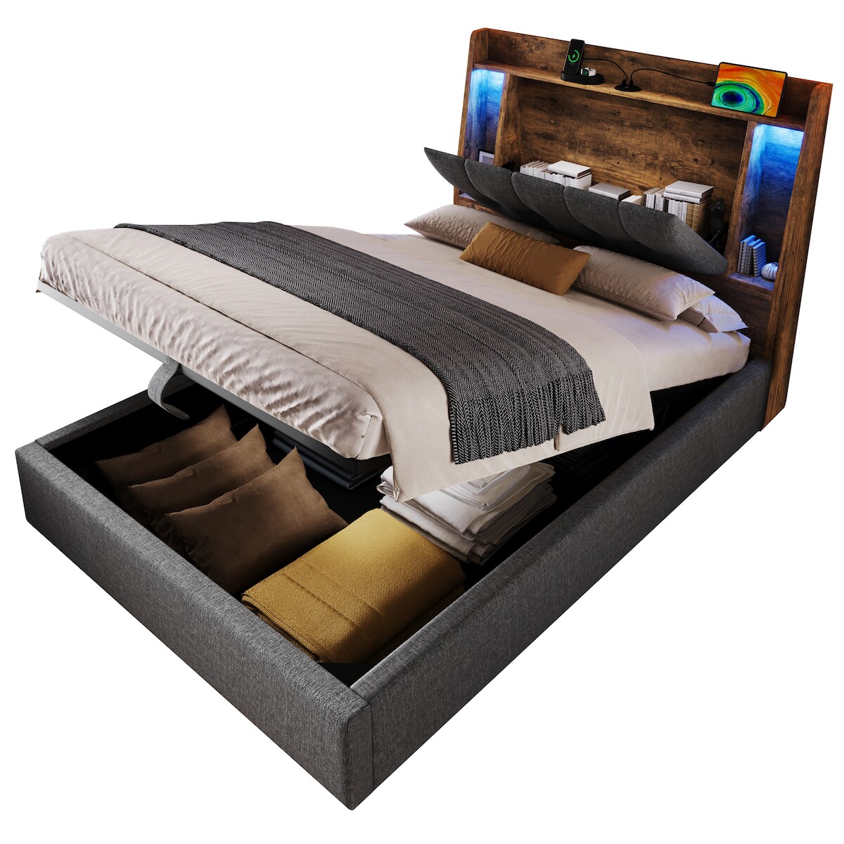 OKWISH Polsterbett 90x200 cm mit USB Typ-C Ladefunktion und LED-Beleuchtung – stilvolles Design und vielseitiger Stauraum Grau Image