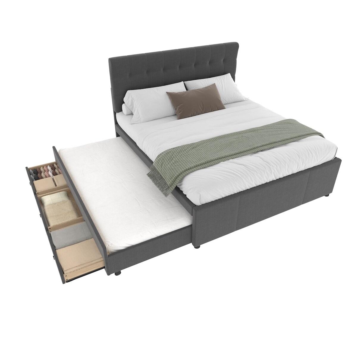 MODFU Polsterbett 140x200 mit ausziehbarem Bett, verstellbarem Kopfteil und 3 Schubladen, Grau – Multifunktionales Design für Gästezimmer und Schlafzimmer Image