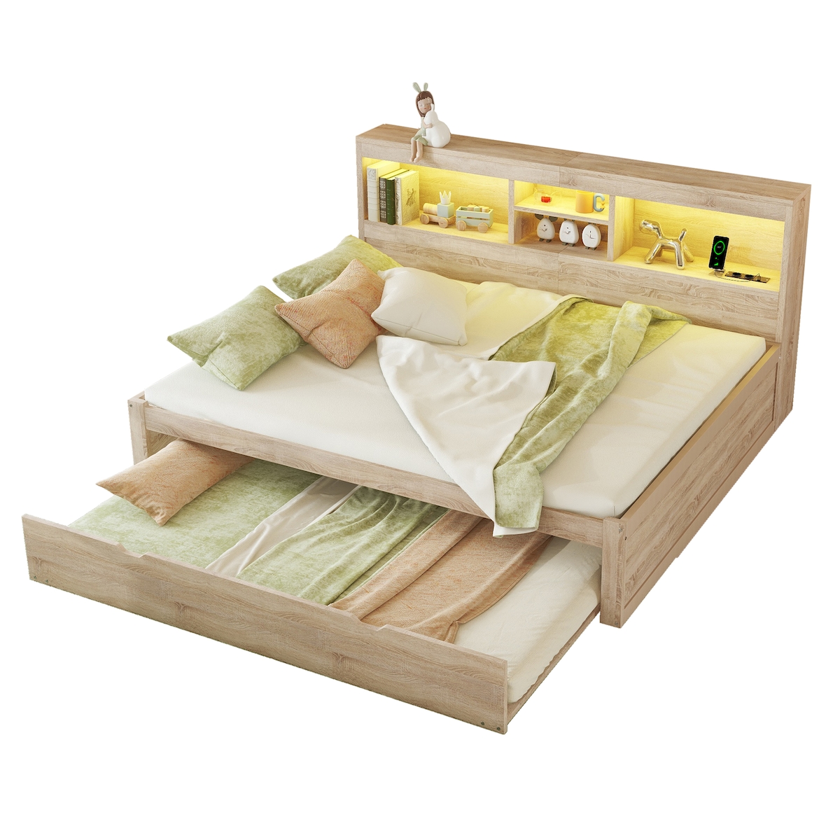 OKWISH Daybett 140x200 mit ausziehbarem Bett, LED-Beleuchtung, Stauraum, Steckdosen und USB-Anschluss, multifunktional, komfortabel, Natur Image