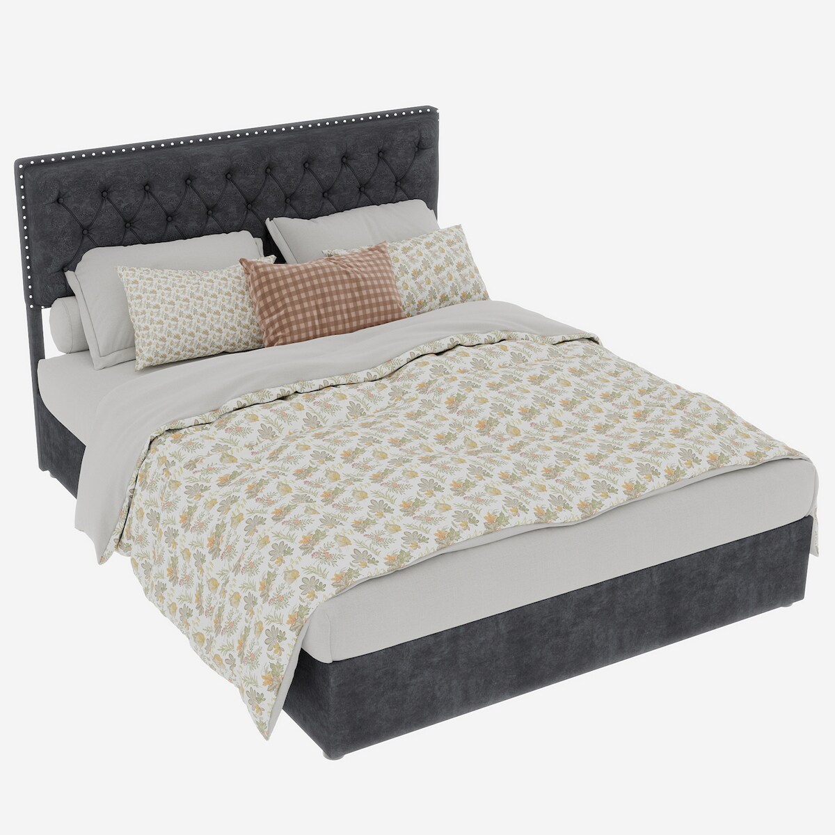 OKWISH Polsterbett Samtbett Doppelbett mit Stauraum Bettkasten Lattenrost Bettgestell Stoffbett Komfortbett 160x200 Grau Image