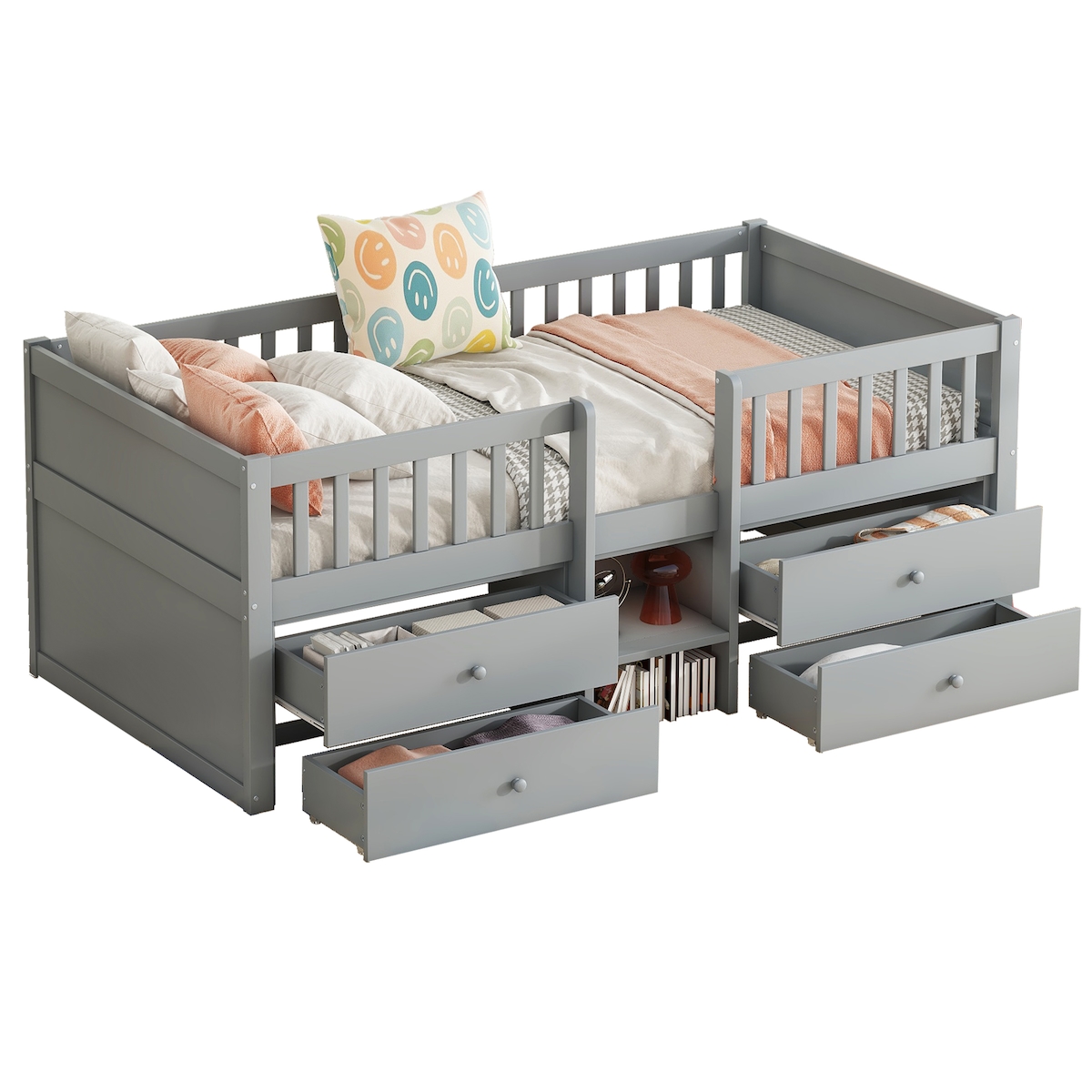 MODFU Halbhohes Bett 90x200 mit 4 Schubladen, Stauraumbett, Leiter, Sicherheitsgeländer, MDF & Kiefernholz, modern, Grau Image