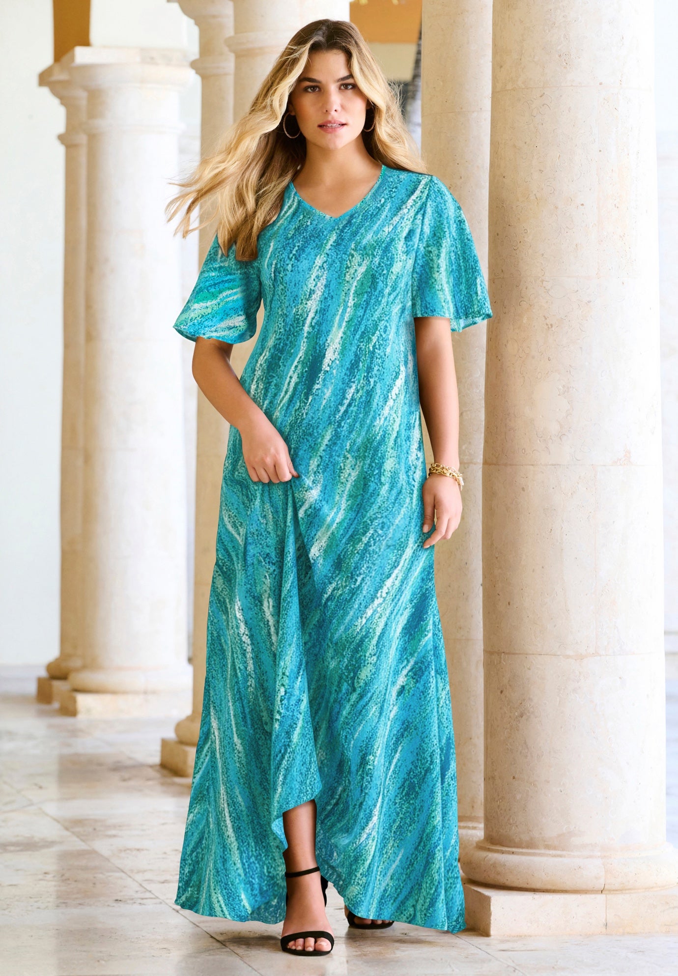Plus Size Women's Plus Size Hand Crinkled Flutter-Sleeve Maxi Dress by Roaman's in Ocean Textured Stripe (Size 34/36)