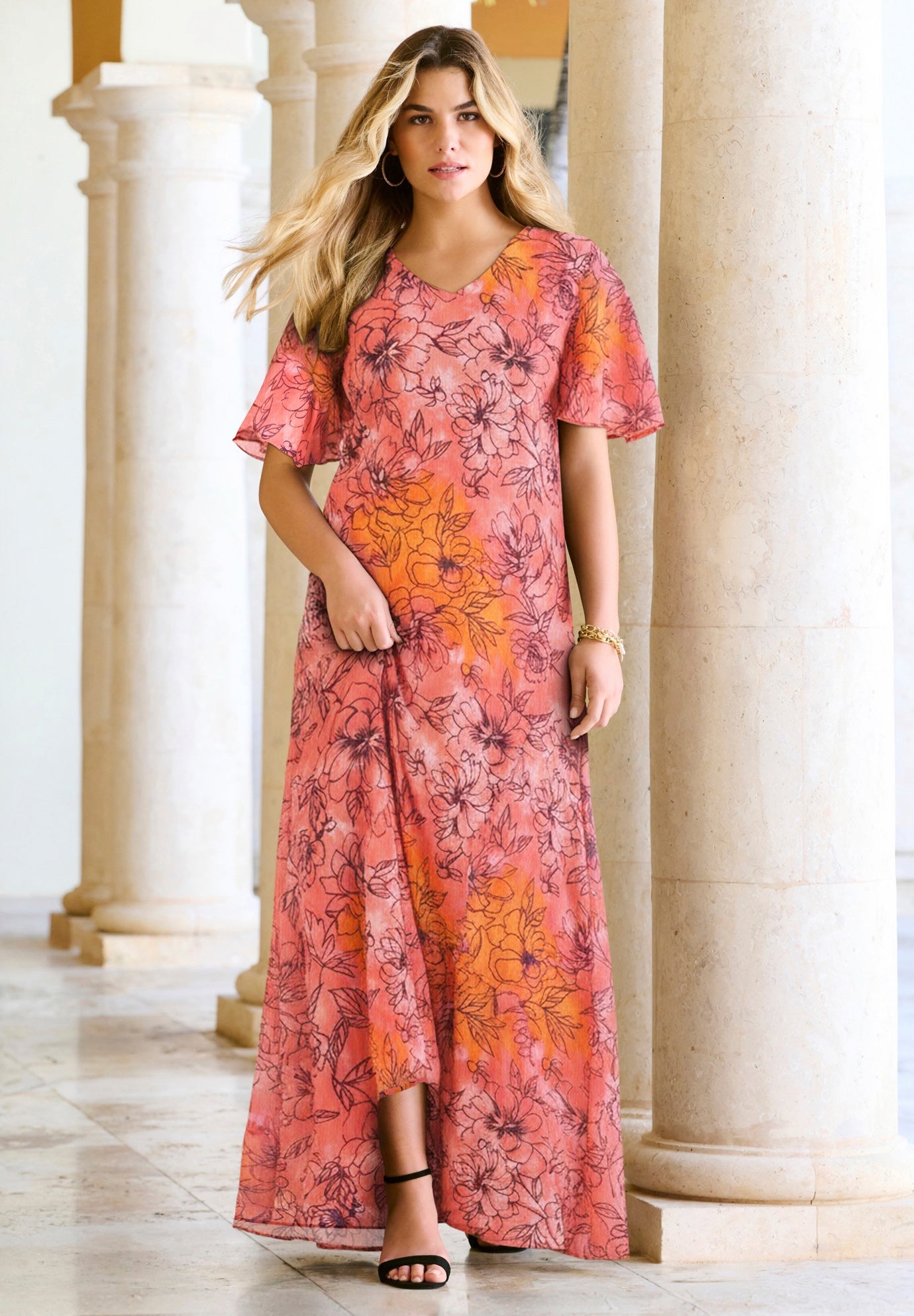 Plus Size Women's Plus Size Hand Crinkled Flutter-Sleeve Maxi Dress by Roaman's in Coral Tie Dye Floral (Size 34/36)