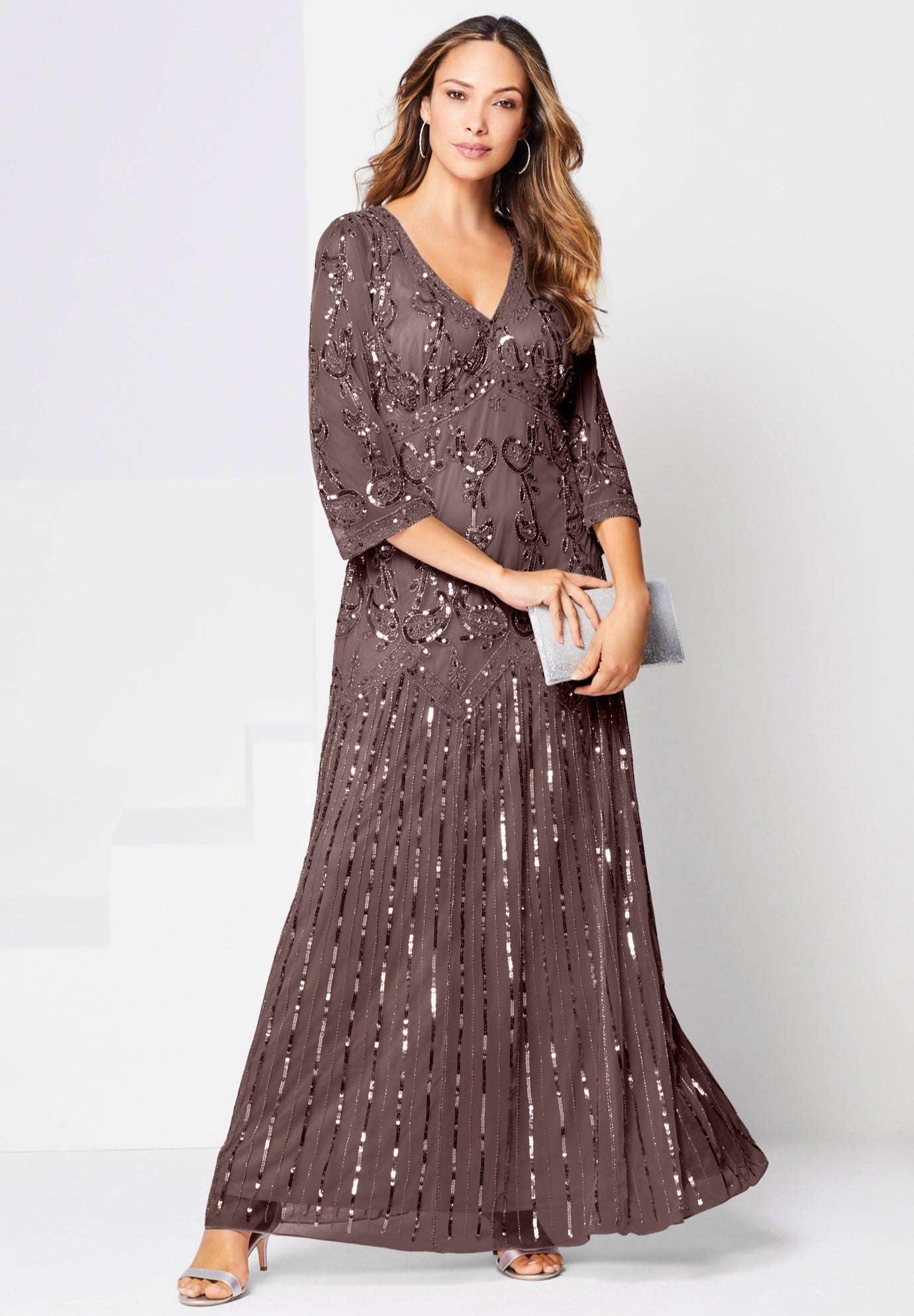 Plus Size Women's Plus Size Beaded V-Neck 3/4 Sleeve Sleeve Maxi Gown by Roaman's in Deep Taupe (Size 22 W) Formal Evening