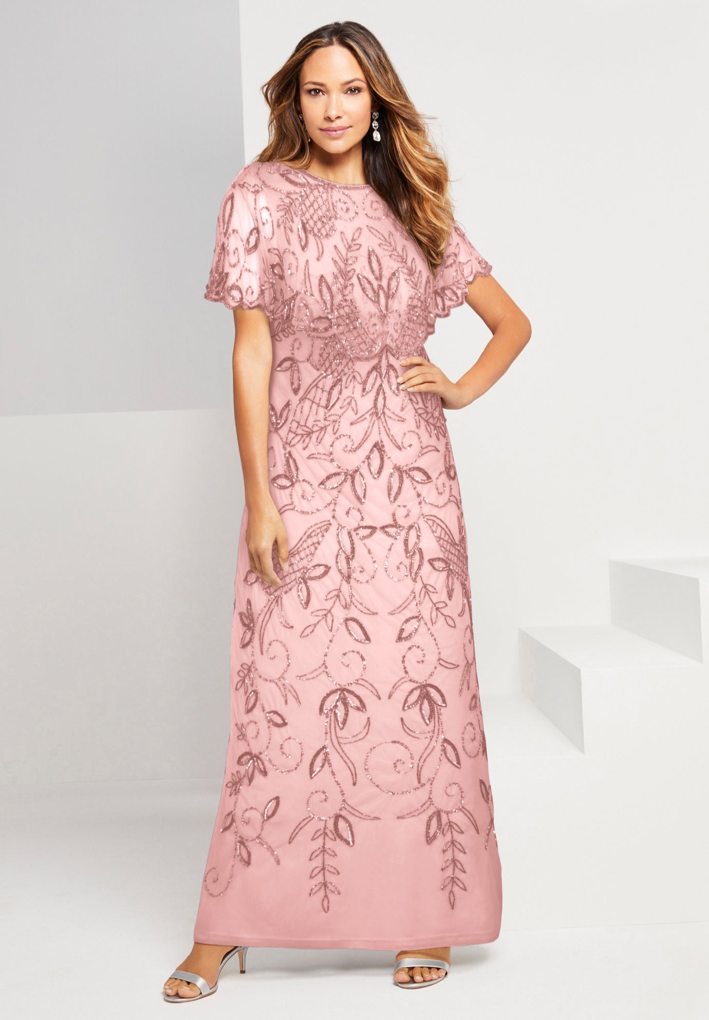 Plus Size Women's Plus Size Beaded Capelet Maxi Gown - Glam Evening Dress by Roaman's in Soft Blush (Size 26 W) Beaded Formal Evening Capelet Gown