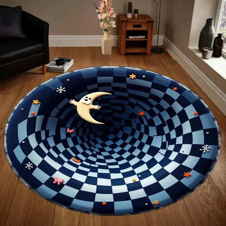 3D-Mond-Sterne-Kinderteppich, optische Täuschung, runder Teppich, niedliche Kinderzimmer-Bereichmatte, Weltraum-Thema, Spielzimmer-Dekoration, Cartoon-Galaxie-Bodenteppich
