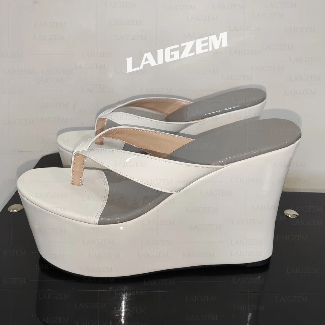LAIGZEM Frauen Sandalen Plattform Keile Flip Flop Offene spitze Pumps High Heels Damen Handgemachte Schuhe Frau Große Größe 38 41 42 45 48