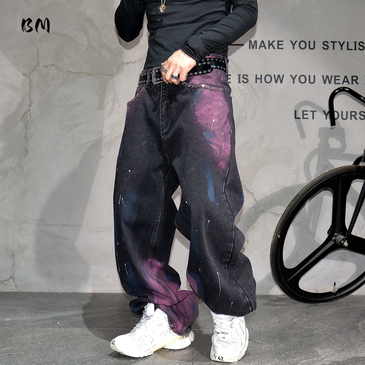 Männer Hip Hop High Street Baggy Jeans Graffiti Breites Bein Gerade Bein Gestapelt Hochwertige Denim Hosen Trendy Streetwear Hosen