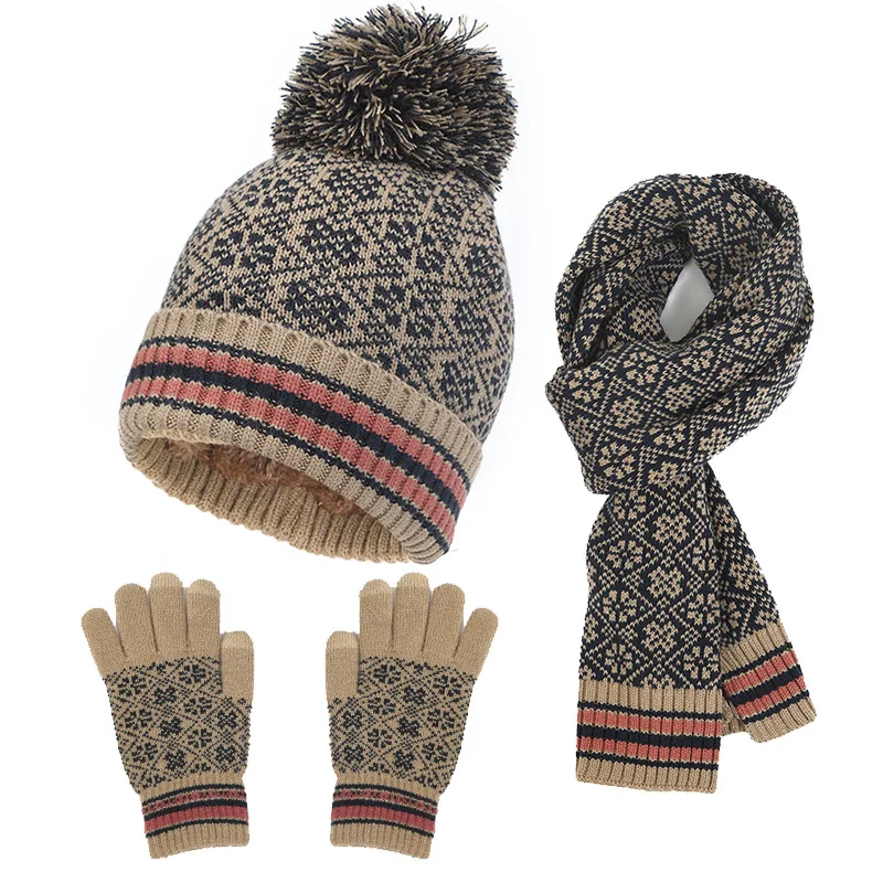 3-teiliges Strickmützen-Handschuh- und Schals-Set für den Winter, im Freien, warm, kältebeständig, Mützen-Set, Unisex, modisch, bedruckte Handschuhe, Schal, Pullover, Mütze